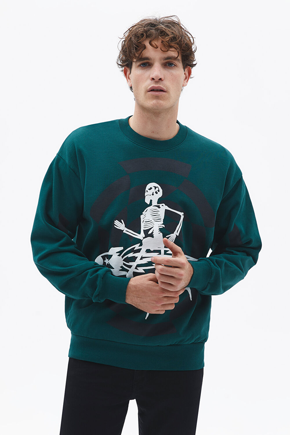 Yeşil Relax Kalıp Bisiklet Yaka Sweatshirt_4