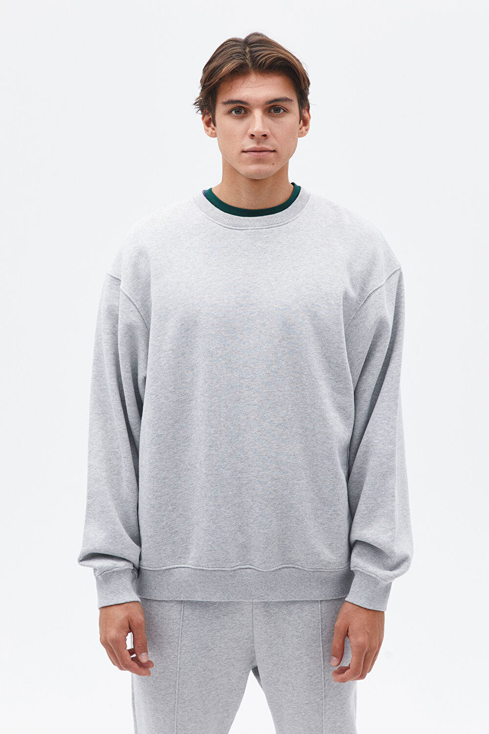 Gri Melanj Relax Kalıp Bisiklet Yaka Sweatshirt_0