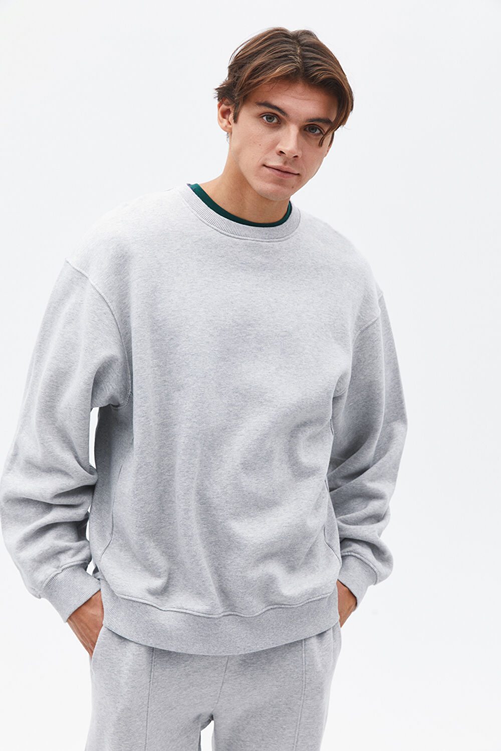 Gri Melanj Relax Kalıp Bisiklet Yaka Sweatshirt_3