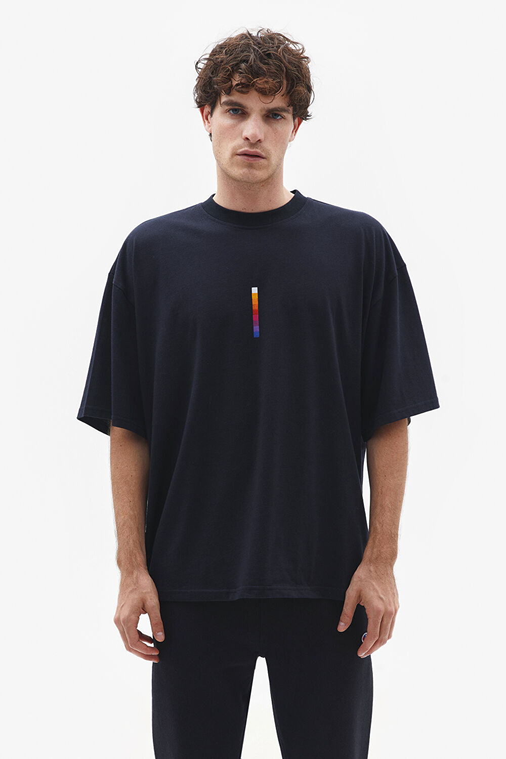 Oversize Siyah Bisiklet Yaka Baskılı T-Shirt_0