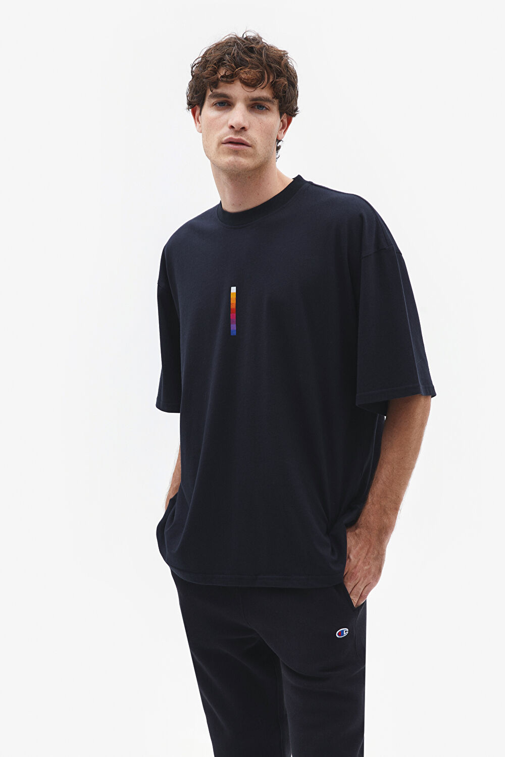 Oversize Siyah Bisiklet Yaka Baskılı T-Shirt_3