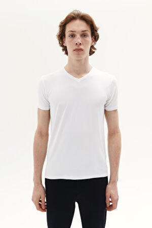 Dar Kalıp Beyaz V Yaka T-Shirt