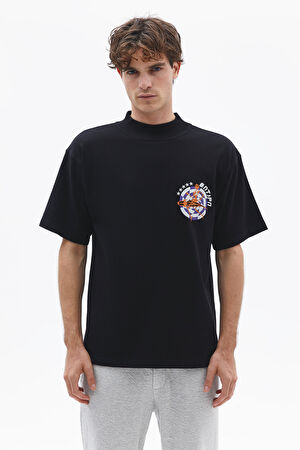 Relax Kalıp Siyah Bisiklet Yaka Baskılı T-Shirt