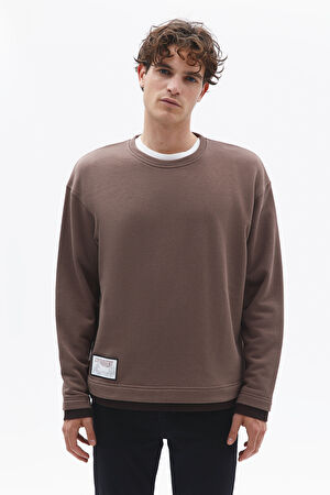 Açık Kahve Relax Kalıp Bisiklet Yaka Sweatshirt