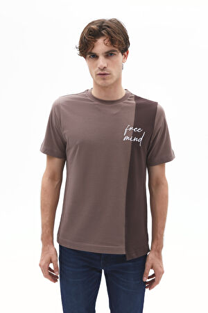Kahve Bisiklet Yaka Baskılı T-Shirt