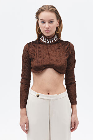 Kahve Uzun Kollu Crop Bluz