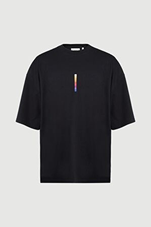 Oversize Siyah Bisiklet Yaka Baskılı T-Shirt_4