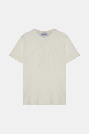 Beyaz Bisiklet Yaka Baskılı T-Shirt
