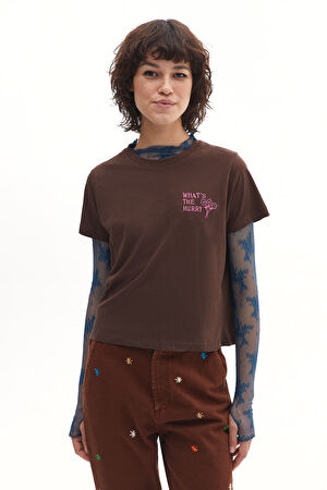 Kahve Bisiklet Yaka Desenli T-Shirt
