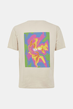 Relax Kalıp Bej Bisiklet Yaka Baskılı T-Shirt_2