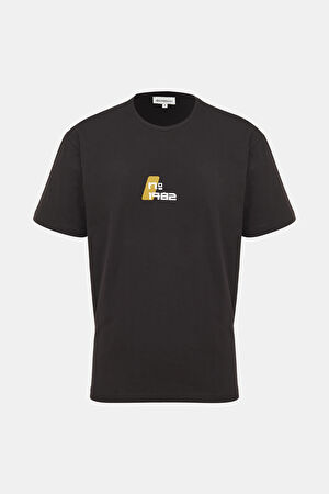 Relax Kalıp Siyah Bisiklet Yaka Baskılı T-Shirt_4