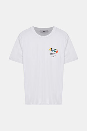 Beyaz Bisiklet Yaka Baskılı T-Shirt