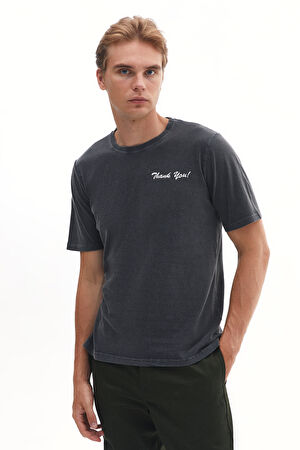 Antrasit Bisiklet Yaka Baskılı T-Shirt