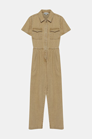 Camel Düğmeli Denim Tulum