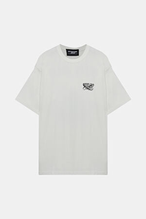 Relax Kalıp Beyaz Bisiklet Yaka Baskılı T-Shirt