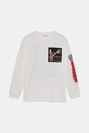 Relax Kalıp Beyaz Bisiklet Yaka Baskılı T-Shirt