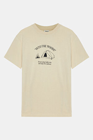Bej Bisiklet Yaka Baskılı T-Shirt