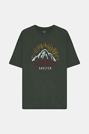 Koyu Yeşil Bisiklet Yaka Baskılı T-Shirt