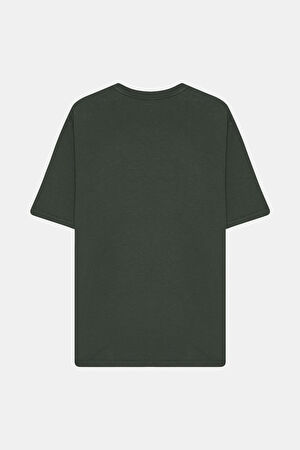 Koyu Yeşil Bisiklet Yaka Baskılı T-Shirt_2