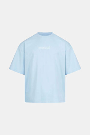 Oversize Açık Mavi Bisiklet Yaka Baskılı T-Shirt