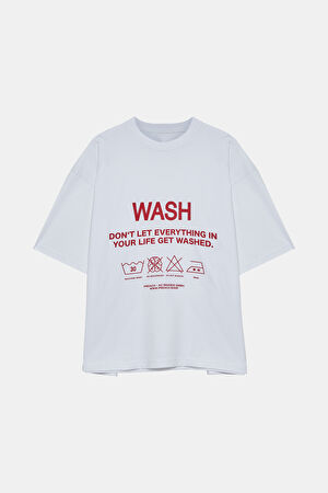 Oversize Beyaz Bisiklet Yaka Baskılı T-Shirt