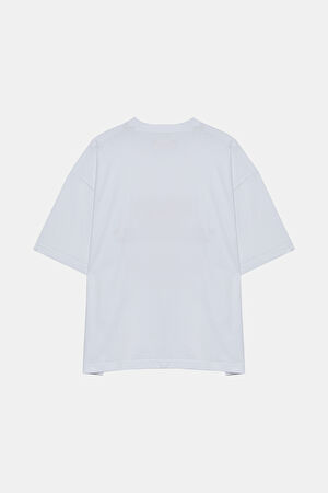 Oversize Beyaz Bisiklet Yaka Baskılı T-Shirt_2
