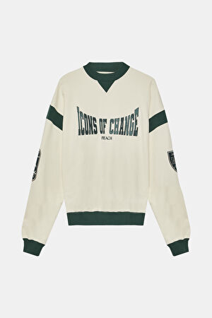 Ekru Oversize Bisiklet Yaka Sweatshirt
