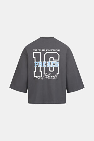 Oversize Antrasit Bisiklet Yaka Baskılı T-Shirt_2