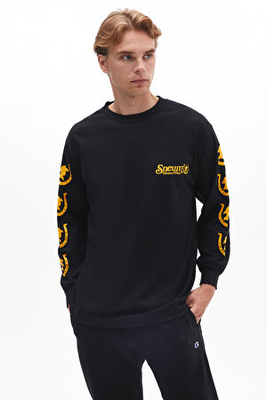 Siyah Bisiklet Yaka Baskılı T-Shirt