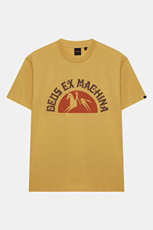 Relax Kalıp Hardal Bisiklet Yaka Baskılı T-Shirt