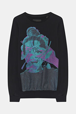 Siyah Relax Kalıp Bisiklet Yaka Sweatshirt