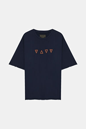 Lacivert Bisiklet Yaka Baskılı T-Shirt