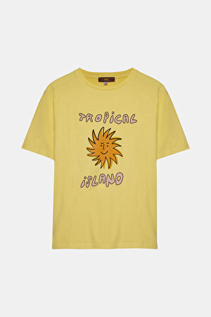 Sarı Bisiklet Yaka Baskılı T-Shirt