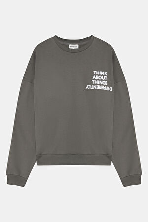 Koyu Gri Bisiklet Yaka Sweatshirt