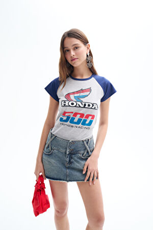Dar Kalıp Açık Gri O Yaka Baskılı T-Shirt