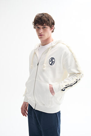 Beyaz Relax Kalıp Kapuşonlu Sweatshirt
