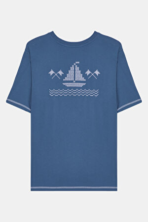 Mavi Bisiklet Yaka Nakışlı T-Shirt_5