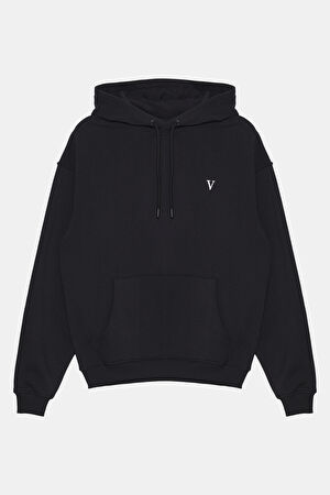 Siyah Relax Kalıp Kapuşonlu Sweatshirt