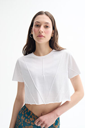 Beyaz Bisiklet Yaka T-Shirt