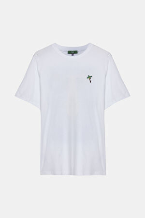 Beyaz Bisiklet Yaka Baskılı T-Shirt_5