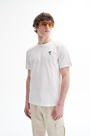 Beyaz Bisiklet Yaka Baskılı T-Shirt