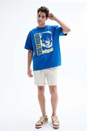 Oversize Lacivert Bisiklet Yaka Baskılı T-Shirt