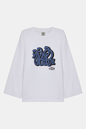 Beyaz O Yaka Baskılı T-Shirt