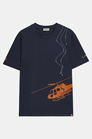 Heliski Lacivert Bisiklet Yaka Baskılı T-Shirt