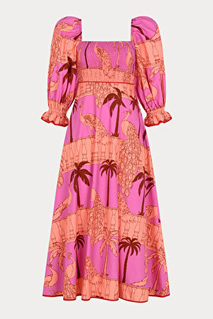 Pembe Desenli Midi Elbise