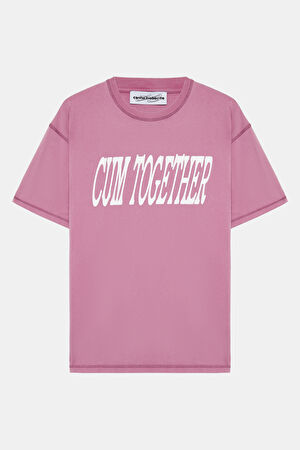 Pembe Bisiklet Yaka Baskılı T-Shirt
