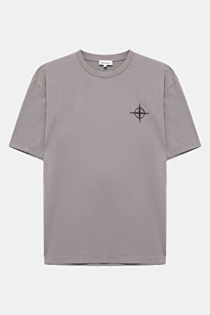 Gri Bisiklet Yaka Nakışlı T-Shirt