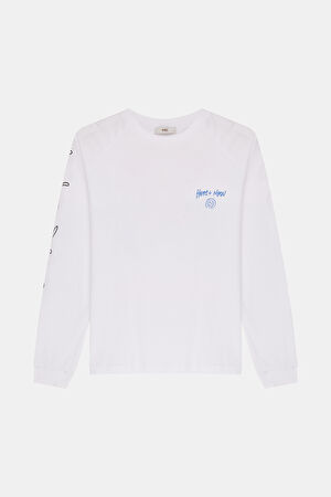 Beyaz Bisiklet Yaka Baskılı T-Shirt
