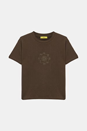 Kahve Bisiklet Yaka Baskılı T-Shirt