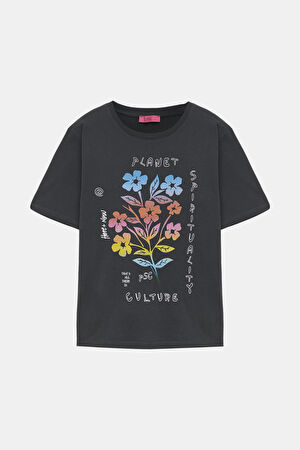 Antrasit Bisiklet Yaka Baskılı T-Shirt